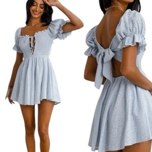 Chic Backless Blue Dress with Puff Sleeves